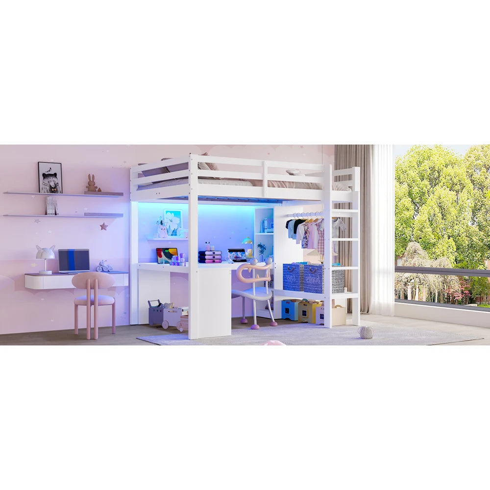 Modernes Kinder-Hochbett 140 x 200 mit Multifunktionsregalen, Unterbett-Schreibtisch, LED-Licht und USB, Kleiderschrank mit Stauraum, für Schlafzimmer