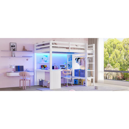 Modernes Kinder-Hochbett 140 x 200 mit Multifunktionsregalen, Unterbett-Schreibtisch, LED-Licht und USB, Kleiderschrank mit Stauraum, für Schlafzimmer