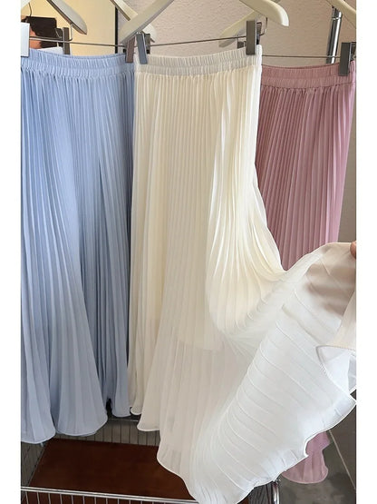 Women's Summer Elegant Pleated Elastic Waist Chiffon Long Skirt Lady High Waist A Line Streetwear Solid Color Skirt.