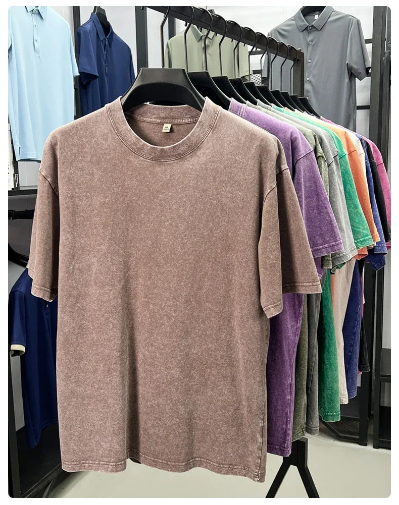 Personality washed vintage short sleeve T-shirt high-end 100% pure cotton men fashion round neck comfort lightweight casual top