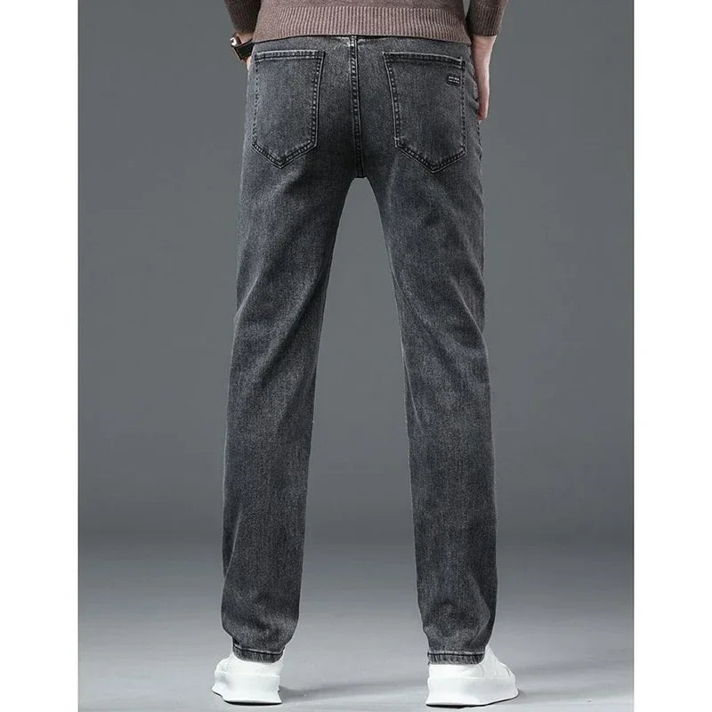 Men Business Denim Pants Male Classic Casual Straight Leg Slim Fit Trousers Elastic Solid Smoke Gray Pants.