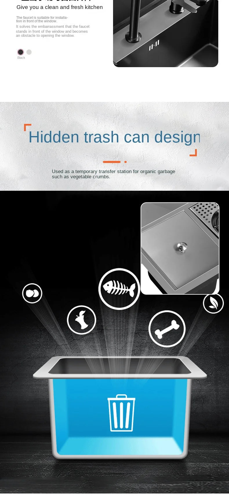 Multifunctional Nano Stainless Steel Kitchen Sink with Cover Plate, Thickened Single Basin Island Table Sink 88*51*22CM