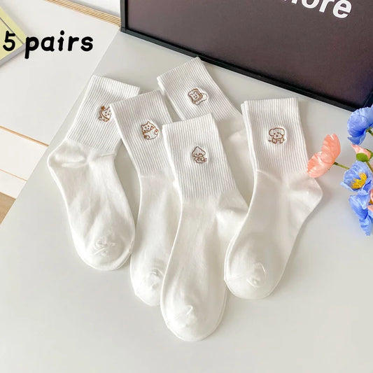 5 Pairs of White Women's Embroidered Socks for All Seasons Cotton Socks Mid-high Tube Student Cartoon Sports Socks.
