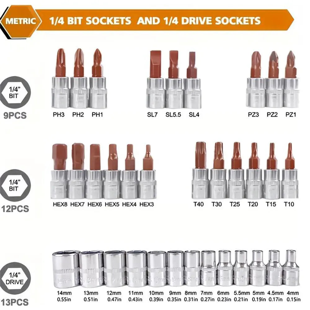 Podofo Steckschlüsselsätze 214 Stück 1/4 Zoll 3/8 Zoll 1/2 Zoll 24-Zahn Ergonomischer Ratschenschlüssel Mechaniker-Werkzeugsatz für die Autoreparatur