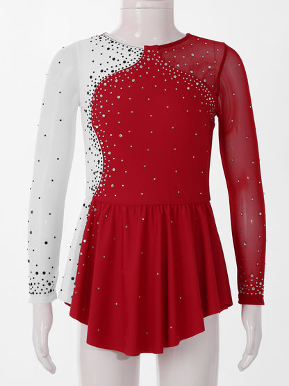 6-16Y Mädchen Eiskunstlauf Tanz Kleid Ballett Gymnastik Trikot Langarm Shiny Strass Sheer Mesh Leistung Dancewear.