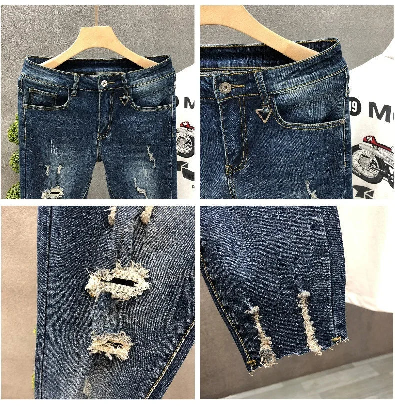 Trendy Unique Holed Men's Jeans Straight Leg Slim Fit Cropped Pants Summer Style Casual Business Fashion Shorts For Men.
