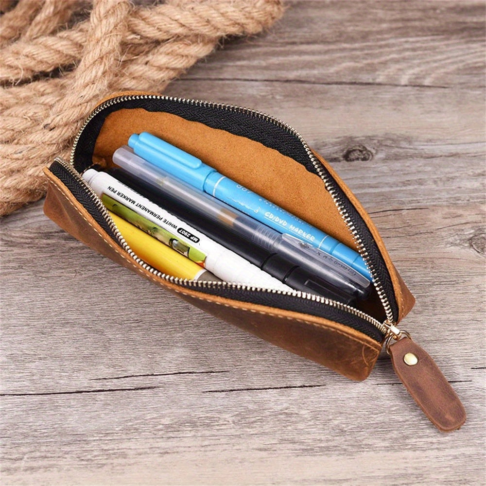 Vintage Leather Pencil Bag Simple Stationery Hoder Pen Case Storage Bag Zipper Pencil Pouch Glasses Box School Supplies.