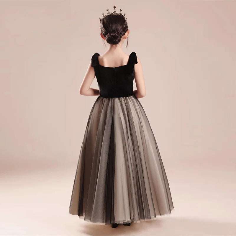 Kinderkleid Mädchen Mode Klavier Violine Performance Kleid Schwarz Samt Mesh Host Chor.