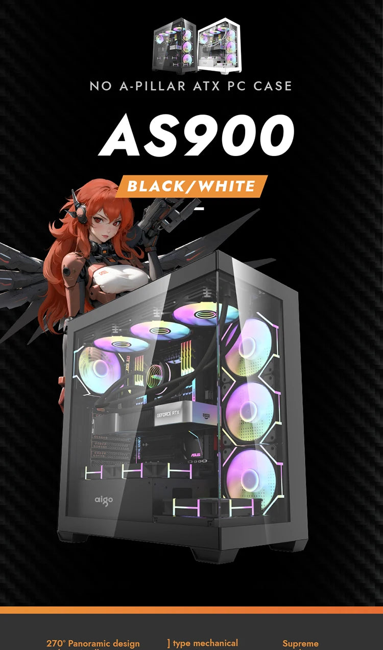 Aigo AS900 PC Case 270° Panoramic Design ATX M-ATX ITX Sea View Room Side Transparent Desktop Chassis Diy Gaming Computer Case.