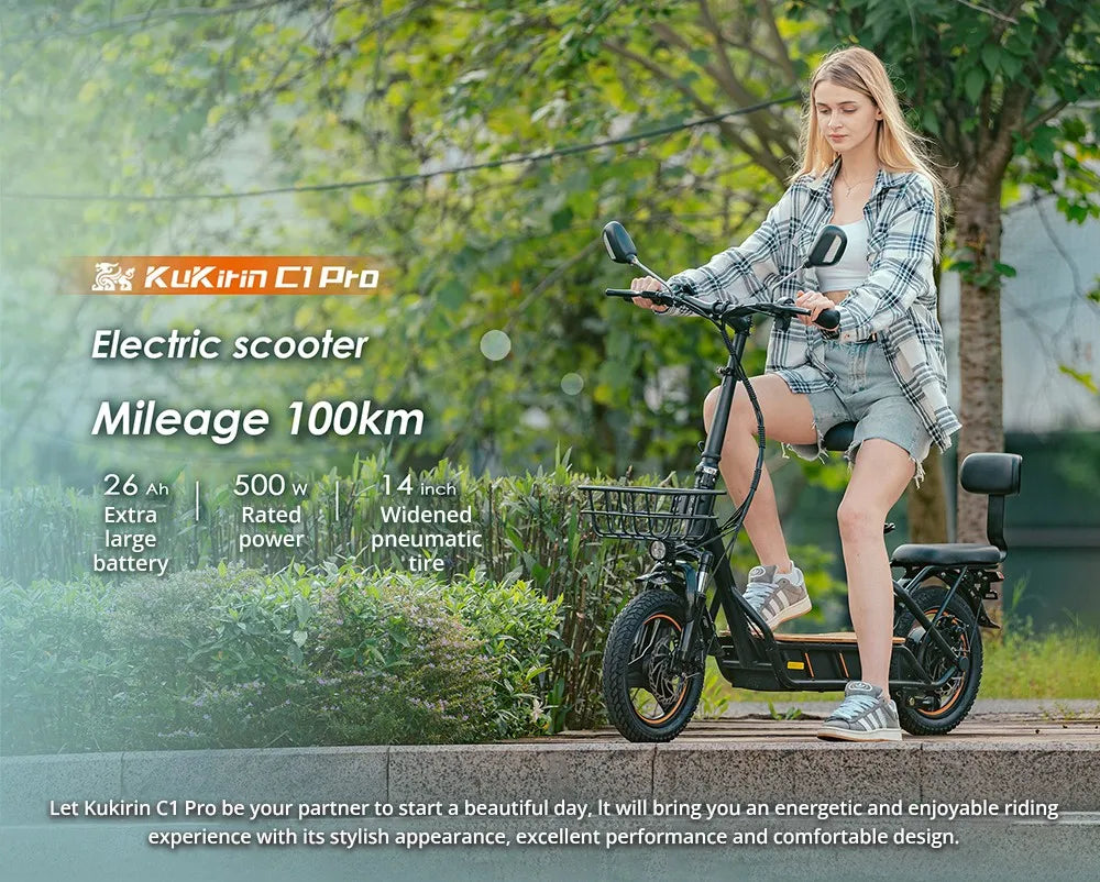 KuKirin C1 Pro Adult Electric Scooter With Seat 14" Tire 500W Motor 48V 26Ah Battery 45km Max Speed Electric Motorcycle.