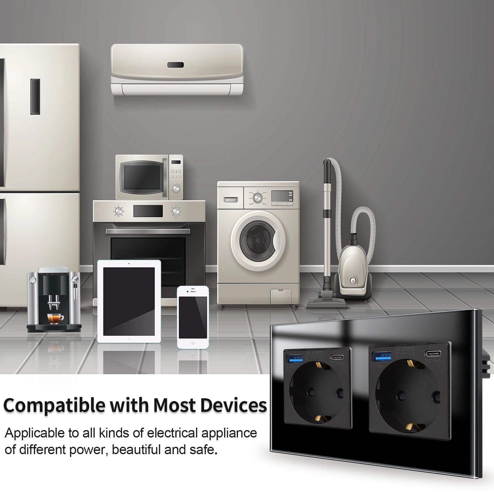 Bingoelec Wandsteckdose, Touch-Lichtschalter mit USB, 20 W, Typ C, Schnellladesteckdose, Glasscheibe, EU-Standard-Steckdosen.