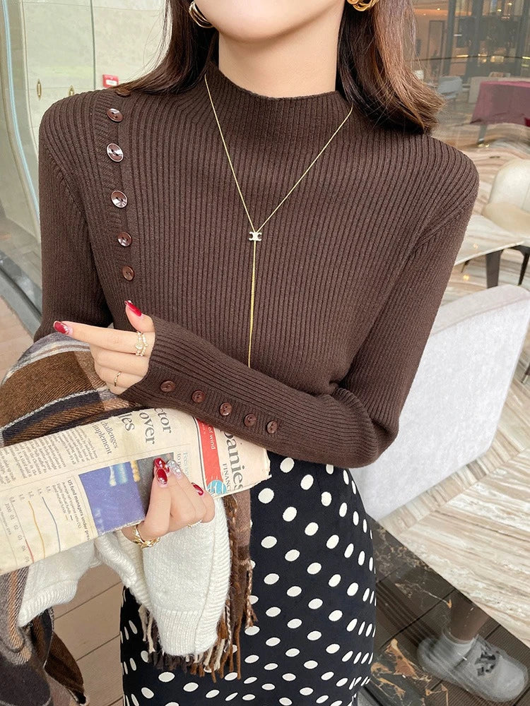 Langarm Beiläufige Dünne Pullover Mode Taste Grundlegende Gestrickte Tops Frauen Rollkragenpullover Koreanische Mode Einfache Chic Kleidung.