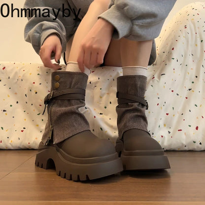 Winter Punk Style Women Ankle Boots Fashion Belt Buckle Shoes Ladies Concise Chunky Platform Heel Short Booties Zapatos De Mujer.