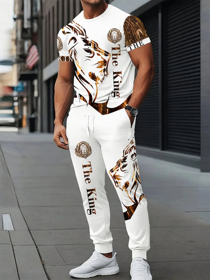 Fashionable summer men's new creative lion print soft and breathable round neck T-shirt pants set outdoor street style clothing.