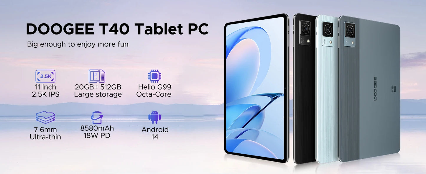 DOOGEE T40 Android Tablet 14 11 ''IPS 2.5K 8GB RAM 512GB ROM Helio G99 8580mAh 18W Charge Face Unlock 7.6mm ultra-thin Tablet.