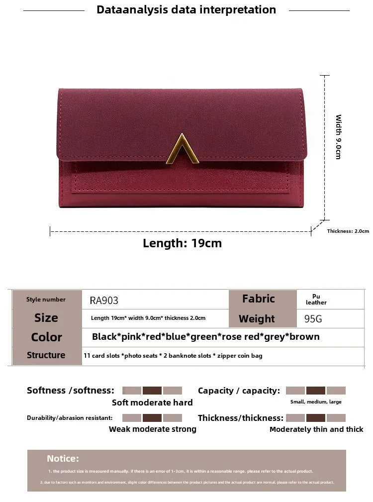 New Korean version women's wallet long V-shaped buckle three fold wallet for women, hand-held bag, change card bag.