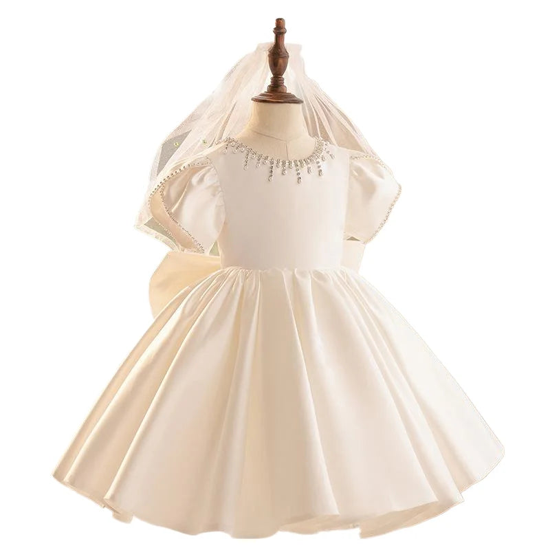 Sommer Solide Perlen Prinzessin Kleid Rundhals Elegante Kinder Brautjungfer Kleidung Luxus Kleider für Hochzeit Edle Kind Kleidung.