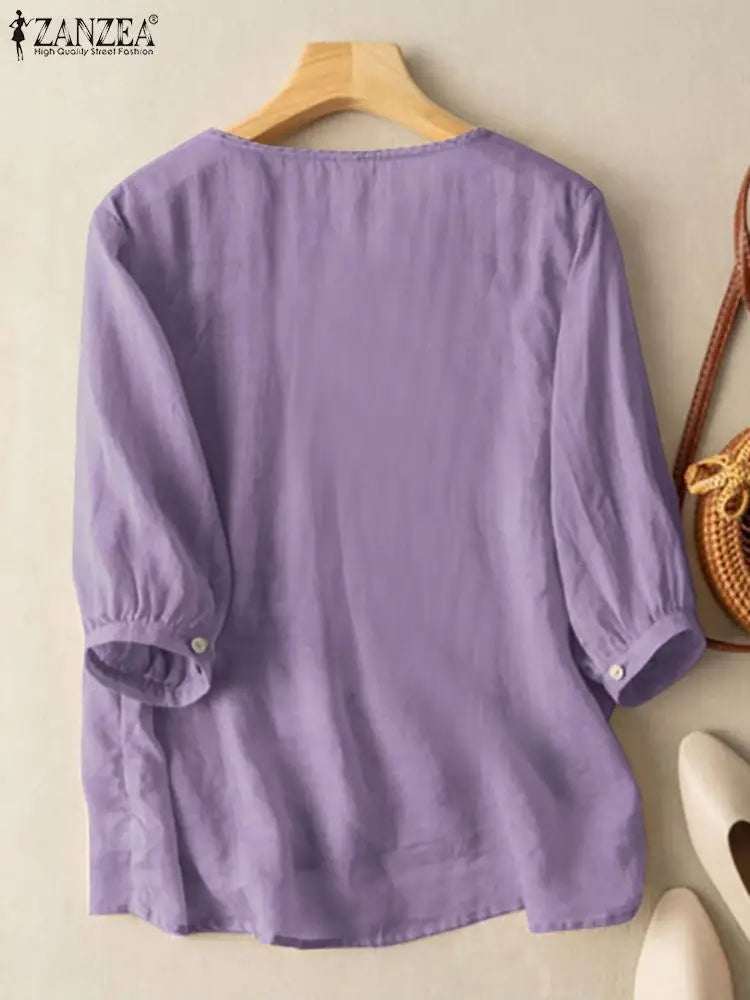 ZANZEA Elegant Women Embroidered Blouses Autumn 2024 3/4 Puff Sleeve Transparent Blusas Mujer Casual Vintage Cotton Shirts Tops.