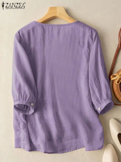 ZANZEA Elegant Women Embroidered Blouses Autumn 2024 3/4 Puff Sleeve Transparent Blusas Mujer Casual Vintage Cotton Shirts Tops.