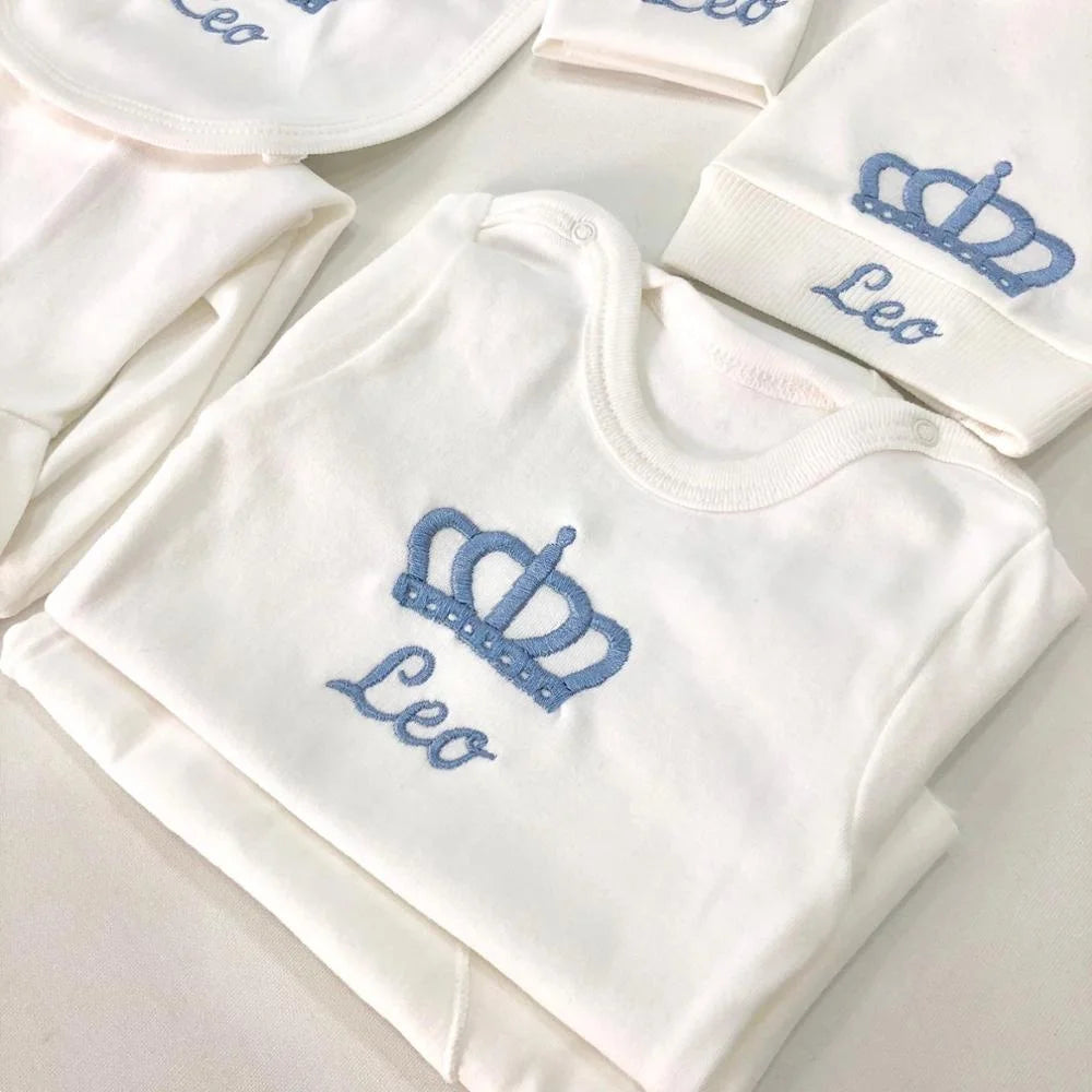 10-teiliges blaues 100 % Baumwollgewebe, gestrickt, Großhandel, individuell gestaltet, Neugeborene, neues Design, Winterkleidung, Kleidung, Luxus-Baby-Strampler-Set.