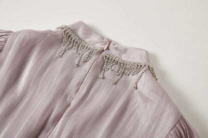 Französisch Luxus Kristall Perlen Quaste Glanz Roben Urlaub Frauen stehen Laterne Ärmel Rüschen plissiert formale Gelegenheit Ballkleid 622