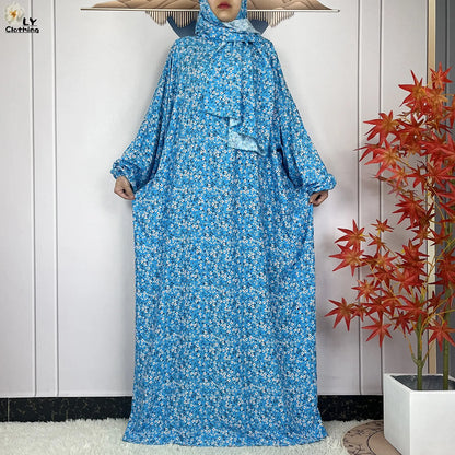 New Muslim Long Sleeved Cotton For Women Ramadan Prayer Turkey Middle East Femme Robe Floral Loose African Abaya Dress Scarfs.