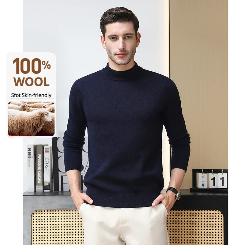 High End 100% Wool Thick New Autum Winter Fashion Brand Pullover Knit Half Turtleneck Business Sweater Casual Men Clothing