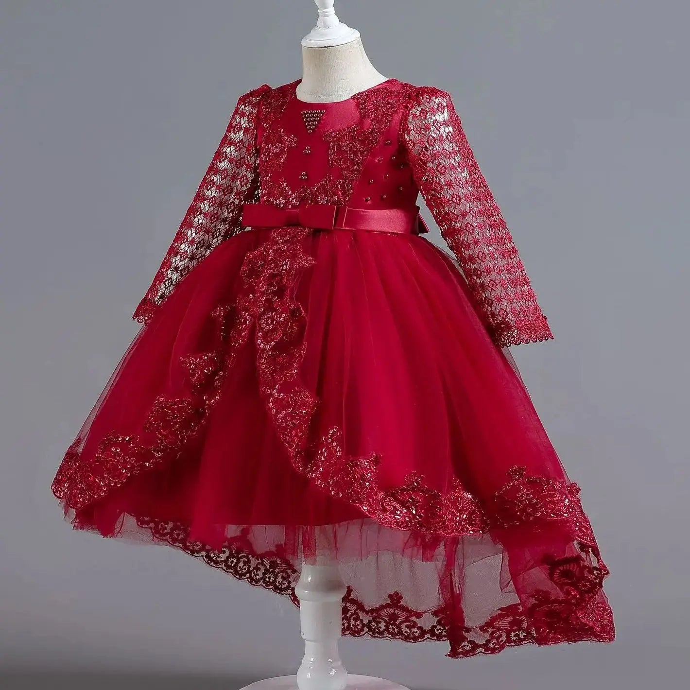 Party-Tüll-Kleider für Mädchen, langärmelig, Spitze, Perlen, nachgestelltes Prinzessinnenkleid für Kinder, Hochzeit, Geburtstag, Performance, Abendkleid.