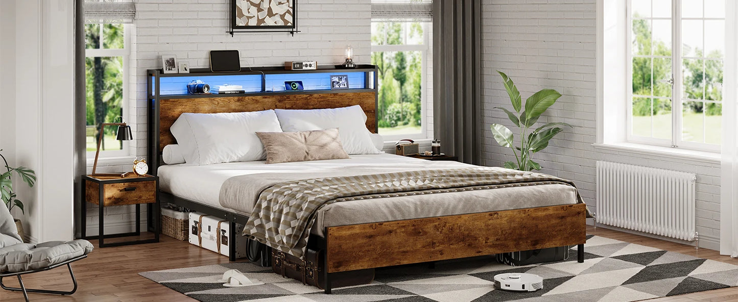 120 x 200 LED-beleuchteter Metallbettrahmen mit Steckdose und USB-Ladefunktion, Holzkopfteil, Stauraumbett B