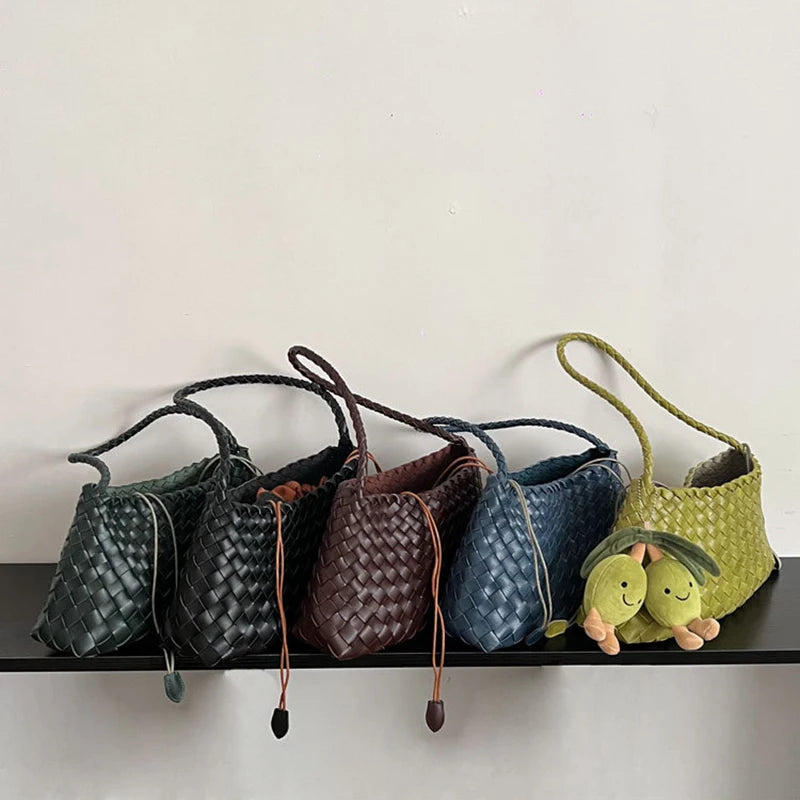 PU Hand-Woven women's Bag, Vegetable Basket Sailboat Bucket bag, Casual Vacation Handbag Shoulder Bag.