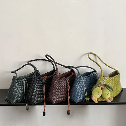 PU Hand-Woven women's Bag, Vegetable Basket Sailboat Bucket bag, Casual Vacation Handbag Shoulder Bag.