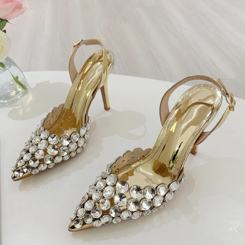 Liyke Elegant Pointed Toe Slingback Stiletto Sandals Crystal Diamonds Women Pumps High Heels Wedding Prom Shoes Zapatos Mujer
