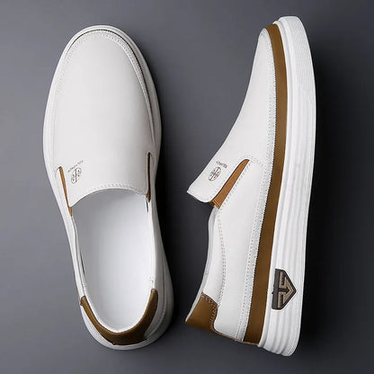 New 2025 Men's Genuine Leather Casual Sneakers Spring Summer Fashion Slip-On White Shoes Soft Sole Comfortable for Everyday Wear.