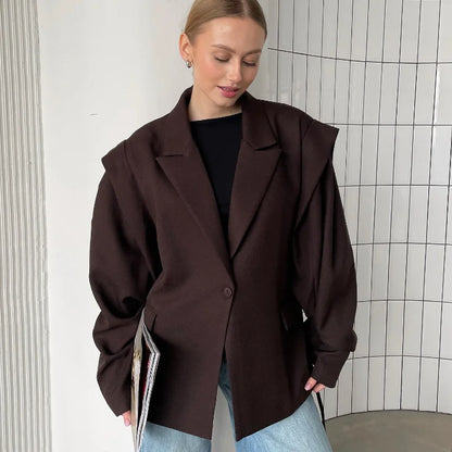 Fashion Solid Revers Hals Schulter Pad Anzug Jacke Frauen Langarm Eine Taste Spitze Up Mantel 2025, Herbst Neue Highstreet Büro Tragen.
