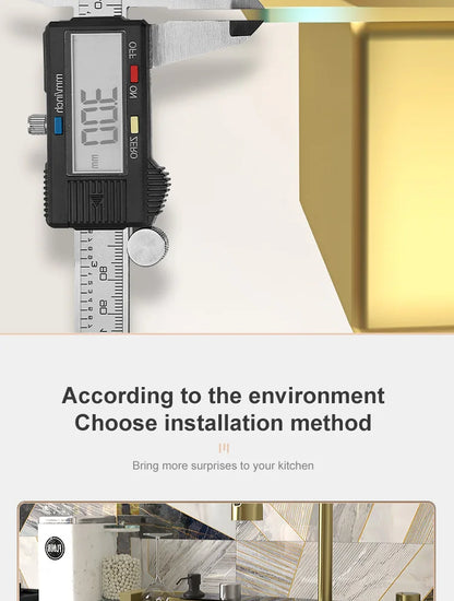 Golden Stainless Steel Waterfall Kitchen Sink Gold Embossed Extra Large Single Slot Digital Display Dishwashing Basin 100x50cm