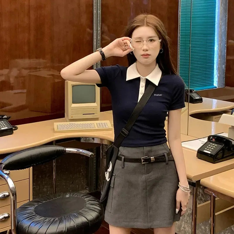 Slim Fit Short Sleeve Polo Neck T-Shirt Women's Sweet And Spicy Design Sensation Small Audience AE Stockpile Brand.