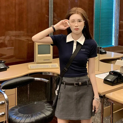 Slim Fit Short Sleeve Polo Neck T-Shirt Women's Sweet And Spicy Design Sensation Small Audience AE Stockpile Brand.