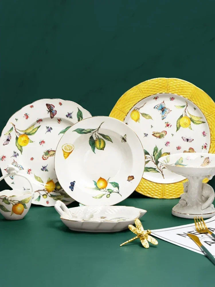 Europeanc Style Ceramic Dining Plate Elegant Lemon Pattern Dinner Steak Plate Coffee Cup Set Western Cuisine Dessert Plate.