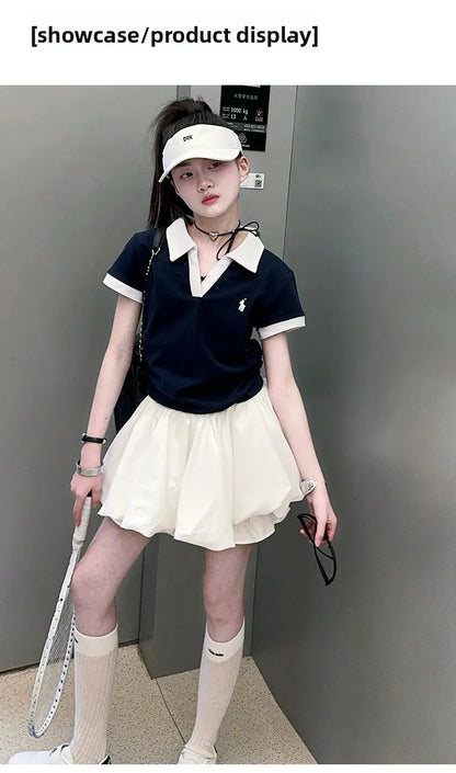 Girls Summer New Fashion Korean Style School Sports Short Sleeve T-Shirt And Bloomers Two-Piece Set White Floral Print Outfit.