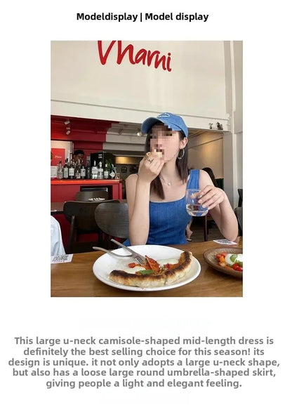 Blue Mist Love Französisches Jeanskleid für Damen, Sommer, einzigartiges Design, Taille, Cinching-Riemen, langes Kleid, elegante blaue Polyesterfaser.