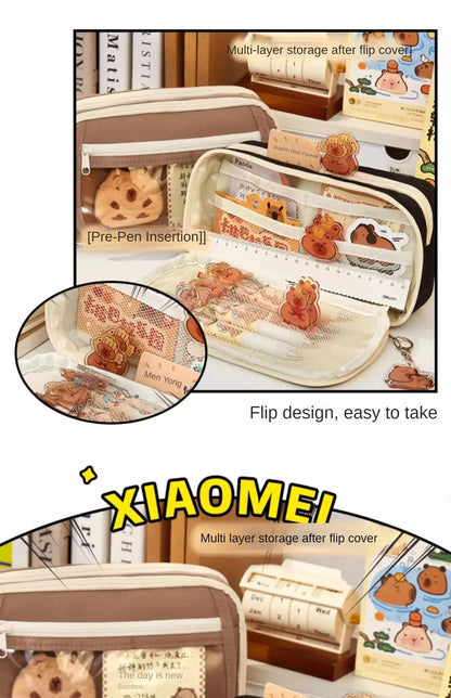 Große Kapazität Bleistift Tasche Capybara Cartoon Leinwand Schreibwaren Halter Tasche Mit Broschen Aufkleber Clips Schlüsselanhänger Kinder Stift Fall.