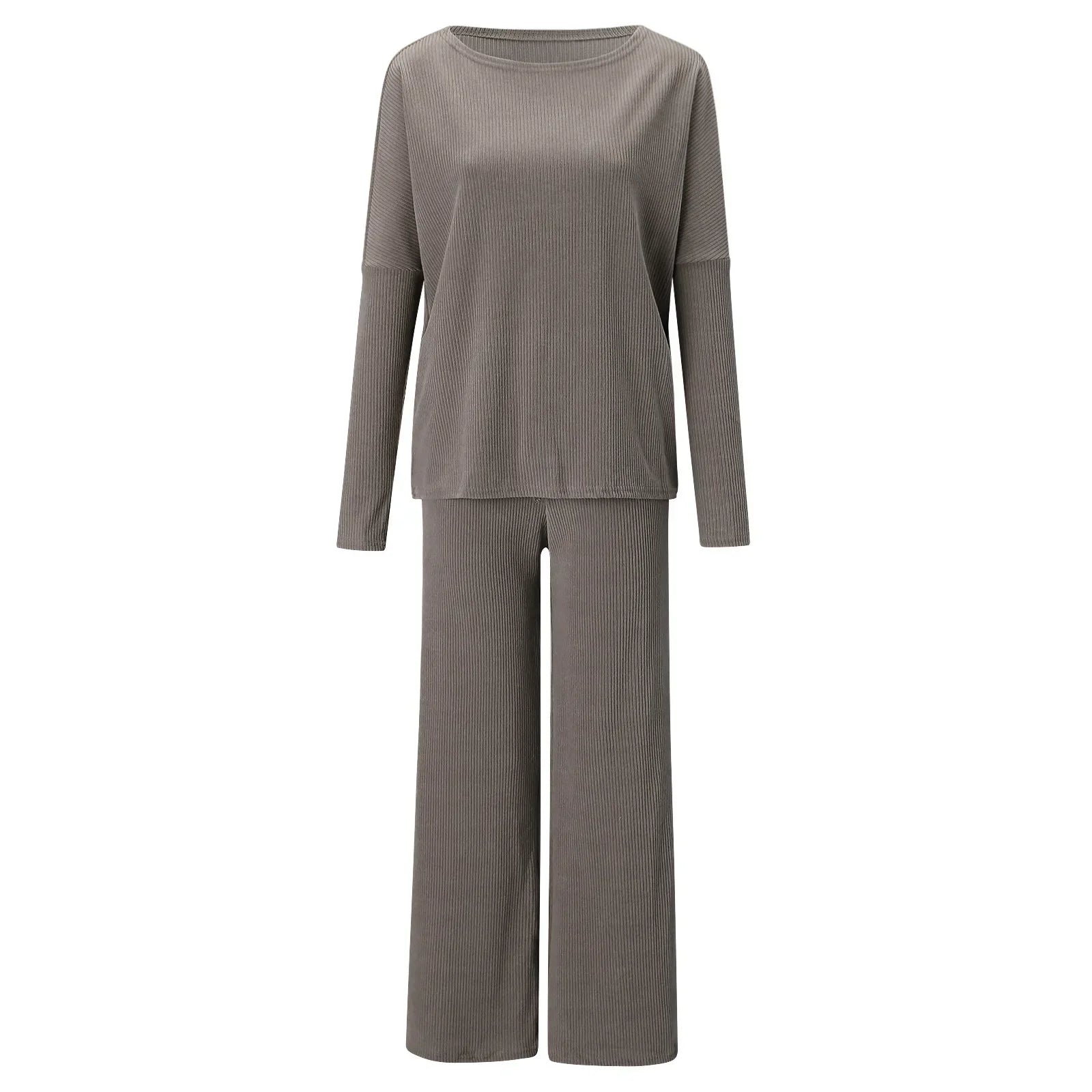New Women's 2pcs Clothes Set Solid Color Round Neck Long Sleeve Casual Top & Loose Wide Leg Pants Home Wear.