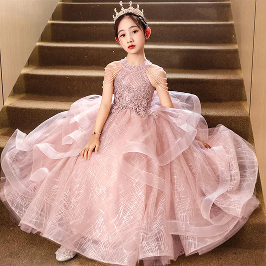 2025, Kinderkleider, Luxuspartys, rosa Neckholder, Geburtstagsfeier, elegantes Kleid für Mädchen, Prinzessinnenkleid, Host-Performance.