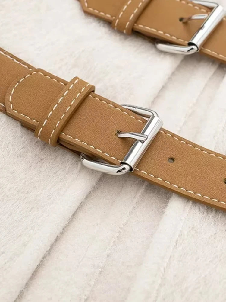 Women Fashion With Belt Woolen Jacket Coat V Neck Long Sleeve Female Outerwear Chic Tops.