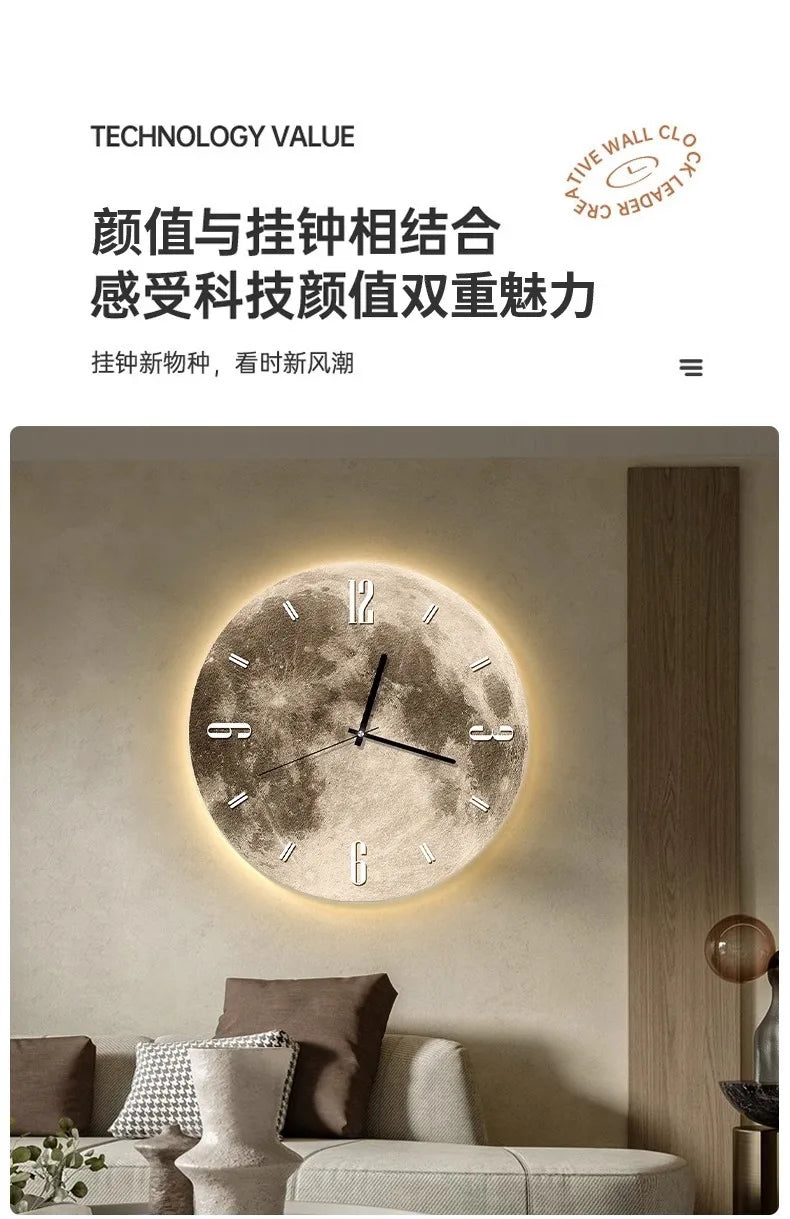 20-Zoll-Mode-Wanduhr, Esszimmer, Wohnzimmer, Mond, die Erde, Modellierung, LED-Licht, geräuschloses Uhrwerk, Schlafzimmeruhr, Wanddekoration