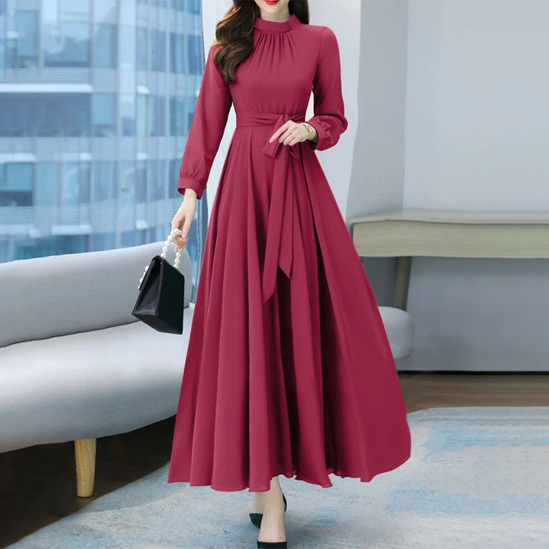 ZANZEA Women Long Sleeve A-line Sundress Spring Long Dress Autumn Solid Party Holiday Maxi Dresses Vestidos Femme Vintage Robe