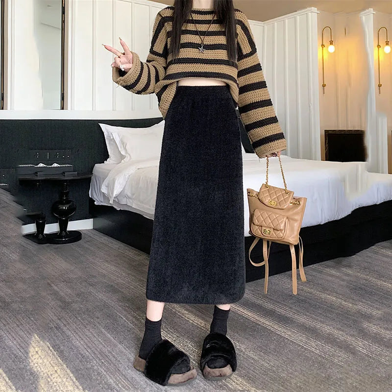 Korean Imitation Mink Plush Knitted Skirts Women Autumn Winter Thick Soft Split Pencil Skirts Elegant High Waist Bodycon Skirt.