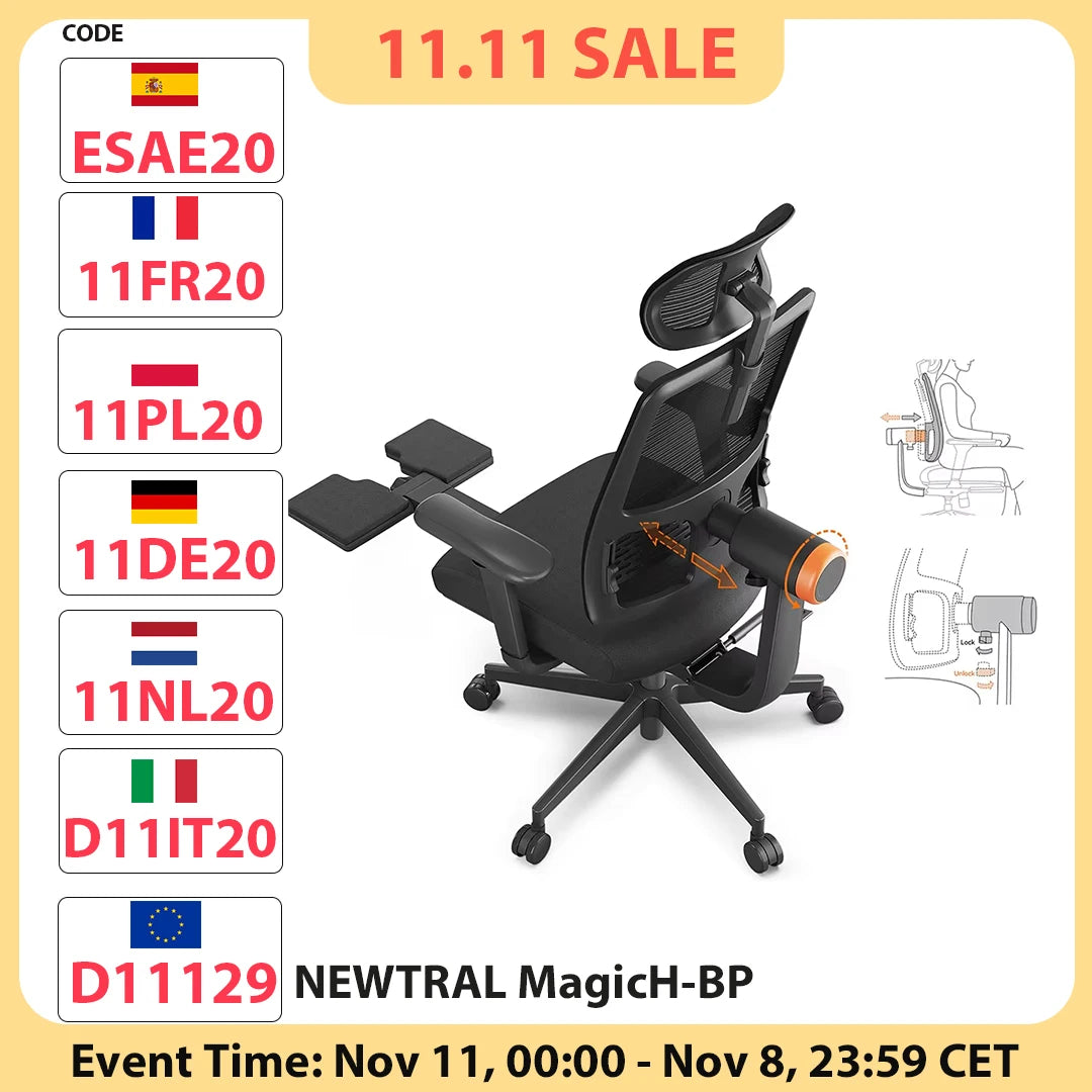 NEWTRAL MagicH-BP Ergonomischer Stuhl mit Fußstütze, automatisch ausgestellte Rückenlehne, adaptive Unterrückenstütze, verstellbare Armlehne, Kopfstütze