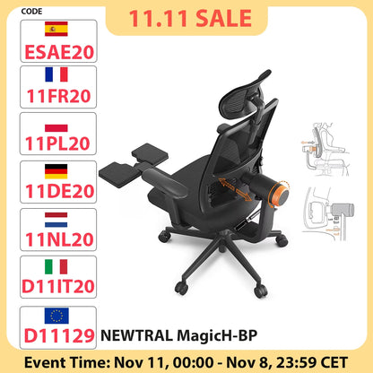 NEWTRAL MagicH-BP Ergonomischer Stuhl mit Fußstütze, automatisch ausgestellte Rückenlehne, adaptive Unterrückenstütze, verstellbare Armlehne, Kopfstütze