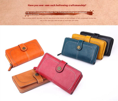 Fashionable new hollow out coin purse for women's oily leather phone bag, long zipper handbag,coin bag Triple fold ladies wallet.